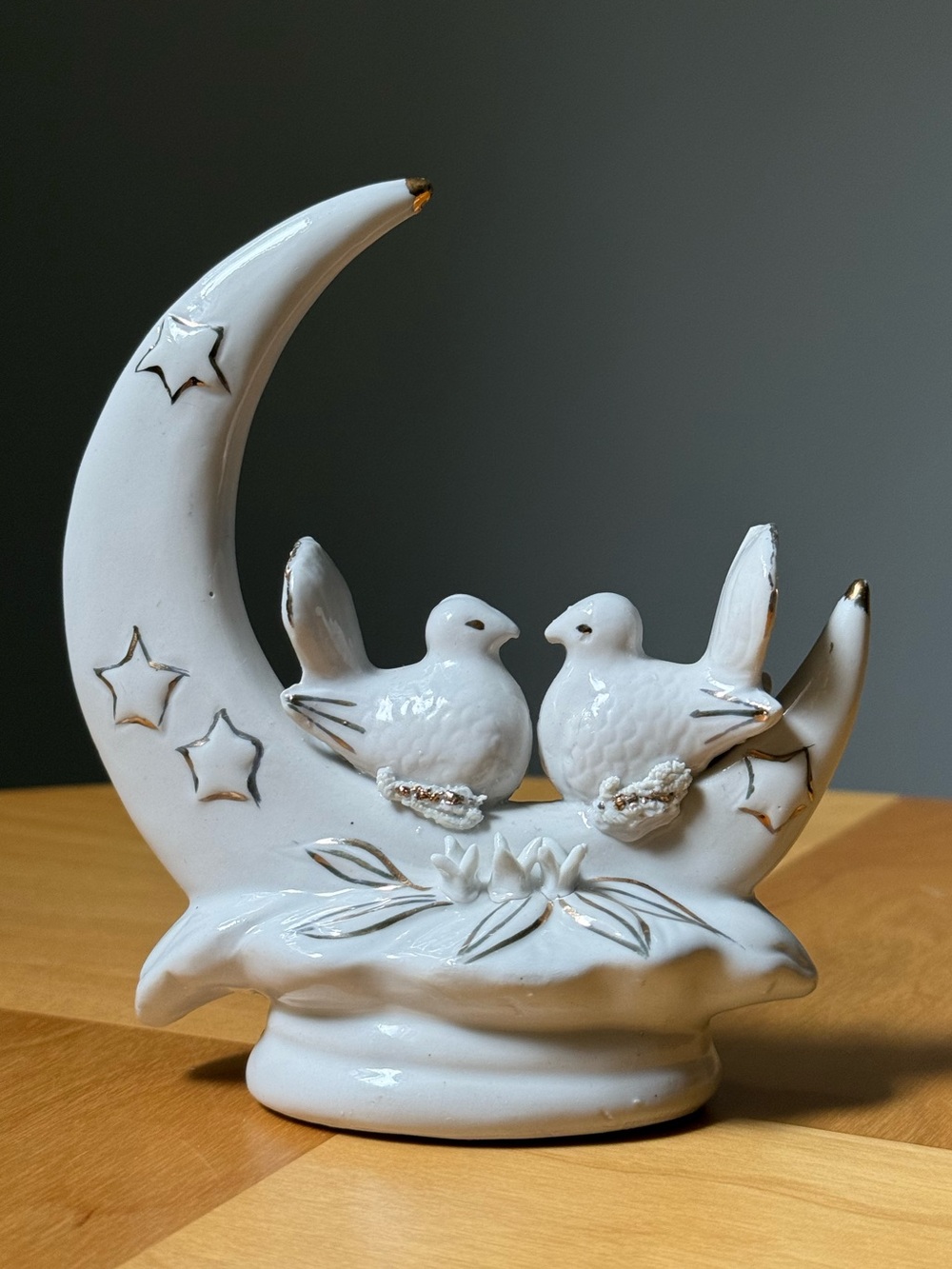 Porcelain Vintage Crescent Moon Love Birds White Gold Ceramic Couple Figurine